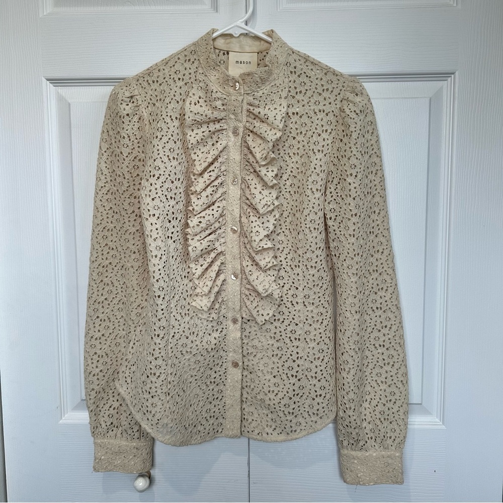 Mason Beige Eyelet Ruffle Tuxedo Blouse Silk Lined Size 8 Like New